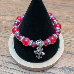 Red Beaded Stretch Bracelet Silver Tone Ornate Cross Charm Rhinestone Spacers